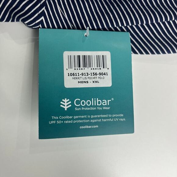 Coolibar Mens Merrit Long Sleeve Pocket Polo Shirt Blue White Striped UPF50 NWT - Picture 12 of 13